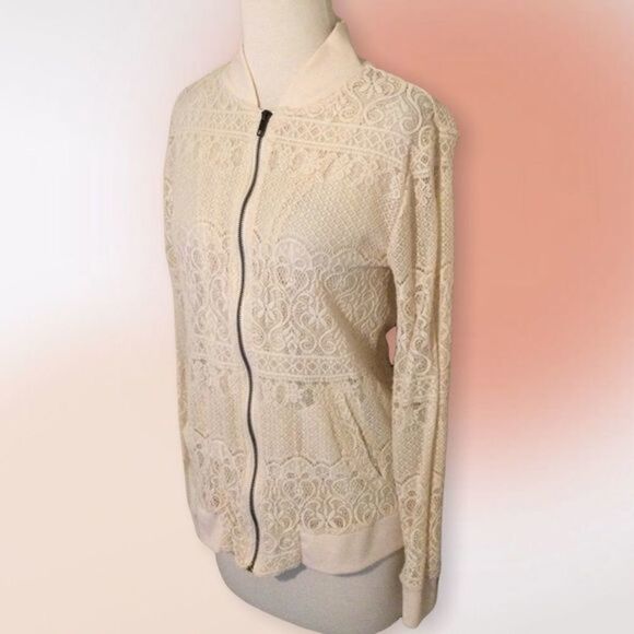 Living Doll Ivory‎ Ecru Lace Zip Up Unlined Jacket Size Med - Picture 4 of 11